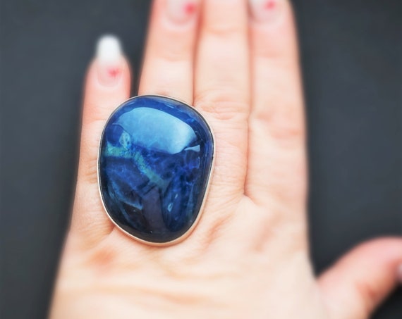 45g Huge Blue Agate Ring, Sterling Silver Ring, Oversized Ring, Blue Agate