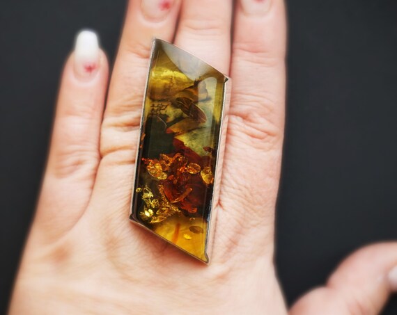 45,3g. Huge Unique Baltic Amber Ring, Oversized Ring, Natural Baltic Amber, Genuine Amber Ring, Greenish Amber Ring