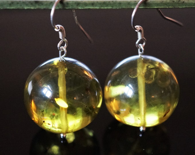 14,2g. Unique Green Baltic Amber Earrings, Ball Shape Baltic Amber Earrings, Huge Earrings