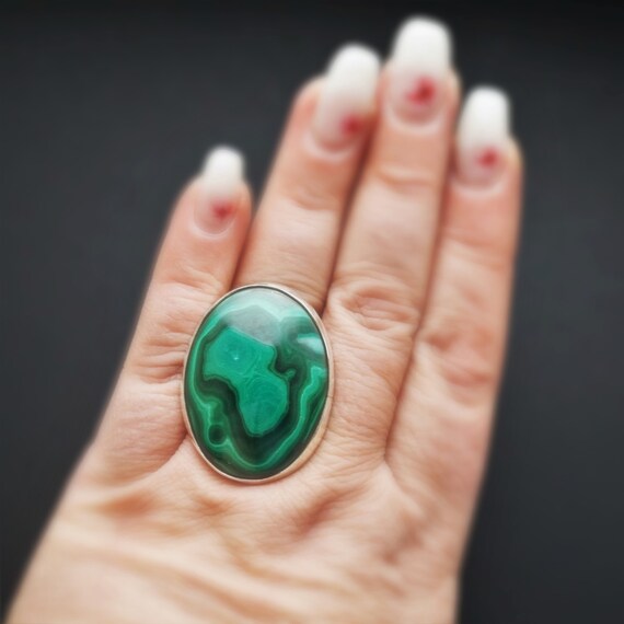 24.6g Large Malachite Ring, Handmade Ring, Sterling Silver, Adjustable Ring, Gemstone Ring