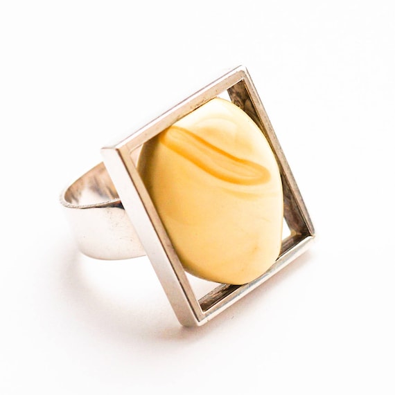 Handmade Silver Baltic White Amber Ring, 12g