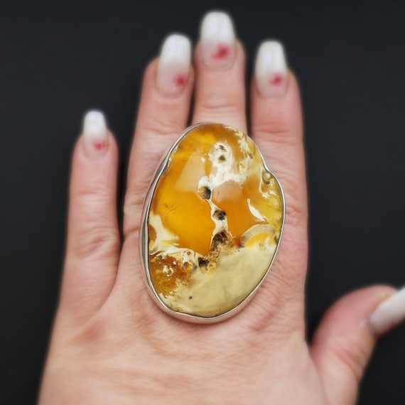 55,2g Huge Baltic Amber Ring, Oversized Ring, Unique Ring, Genuine Amber, Untreated Amber, Landscape Amber