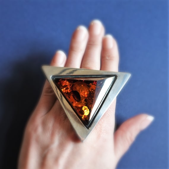 49,5g E. Salwierz Baltic Amber Ring, Huge Ring, Artistic Jewellery, Cognac Amber Ring, Triangle, Triangular Ring