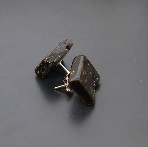 2.2g. Natural Baltic Amber Earrings, Small Amber Stud Earrings, Black Amber Earrings, Square Earrings, Gift For Her