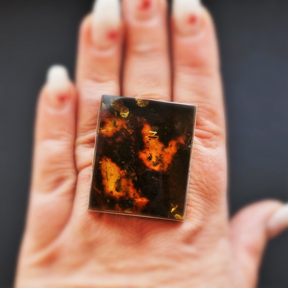 35g Artistic Baltic Amber Ring, Oversized Amber Ring, Sterling Silver Amber Ring