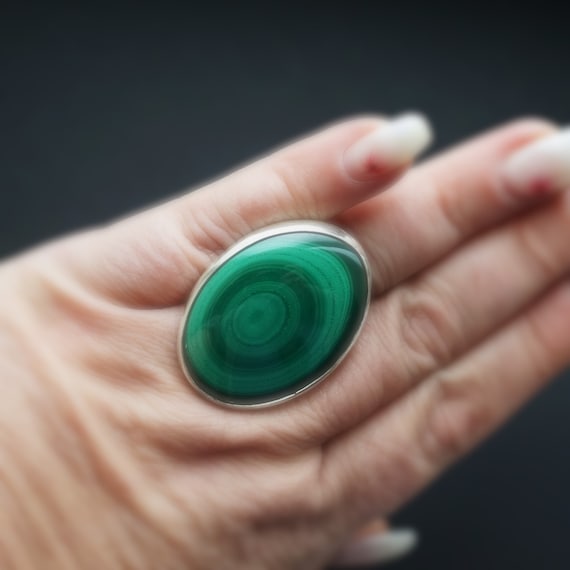 24.6g Large Malachite Ring, Handmade Ring, Sterling Silver, Adjustable Ring, Gemstone Ring
