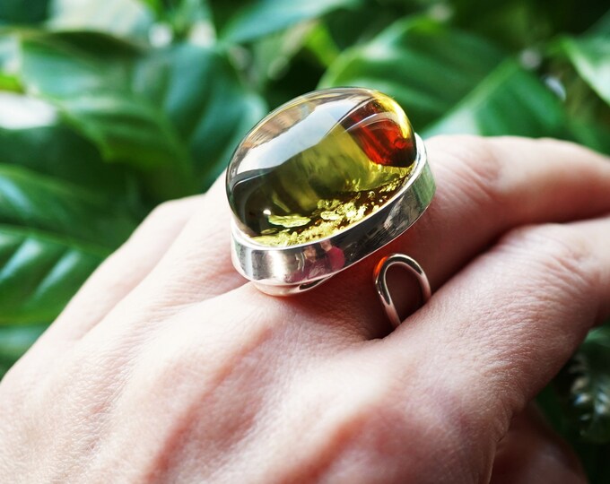 17g. Big Bold Yellow Baltic Amber Ring, Sterling Silver, Adjustable Ring, Round Ring