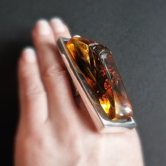 23g Huge Ring, Artistic Jewellery, Yellow Amber Ring, Long Ring, E. Salwierz Baltic Amber Ring