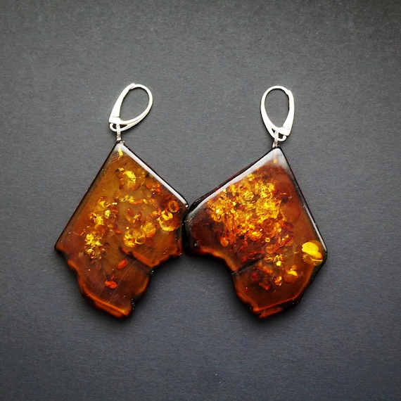 17,4g Large Baltic Amber Earrings, Genuine,Cognac Amber