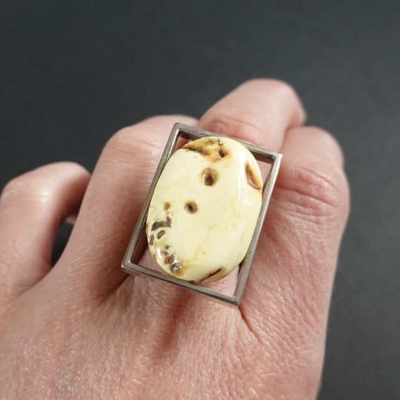 13g. White Baltic Amber Ring, Genuine Amber, Sterling Silver