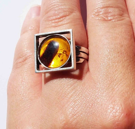 6g Handmade Baltic Amber Ring, Amber Sterling Silver Ring, Yellow Amber Ring, Whiskey Amber Ring, Square Ring
