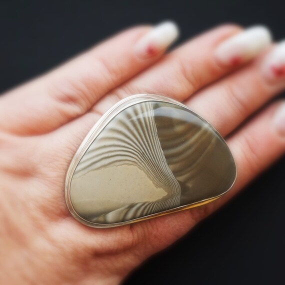 61g Huge Striped Flint Ring, Sterling Silver Ring, Oversized Ring
