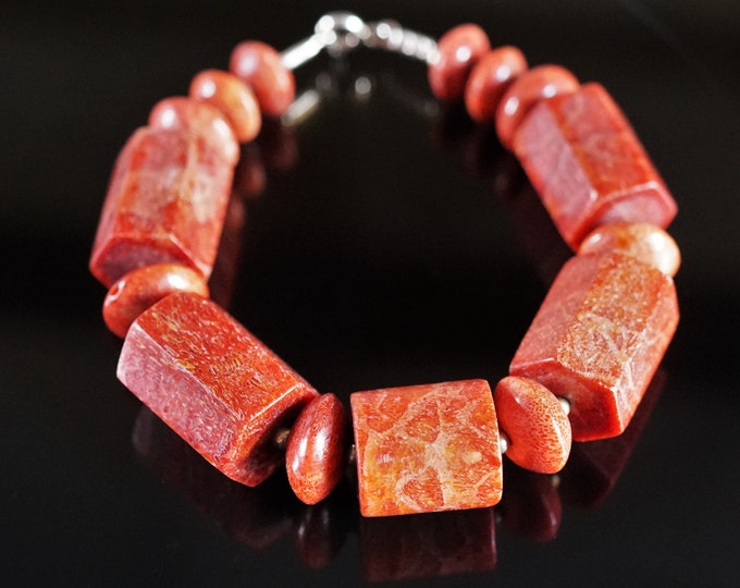 Handmade Red Coral Bracelet, Sterling Silver