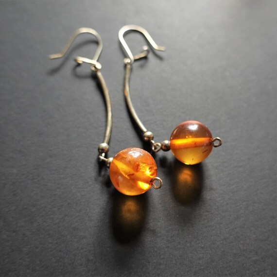 Yellow Baltic Amber Ball Earrings, Long Earrings, Sterling Silver Gold Plated, Diameter 12mm