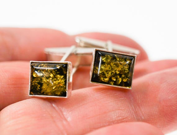 5g. Green Amber, Sterling Silver Cufflinks, Gemstone Cufflinks