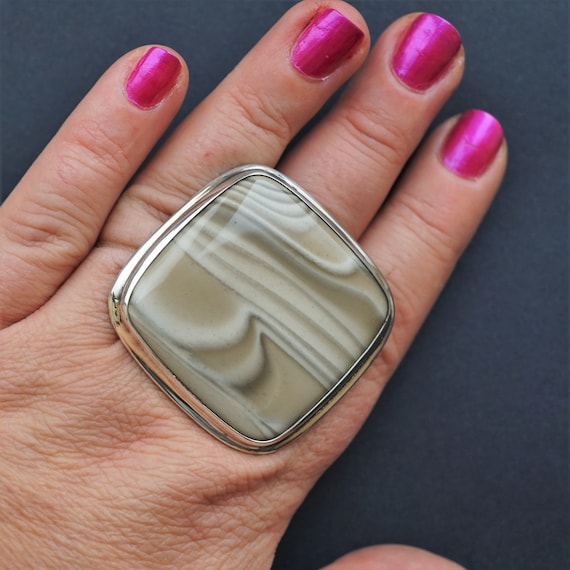 49,7g Big Striped Flint Ring, Sterling Silver Ring, Oversized Ring