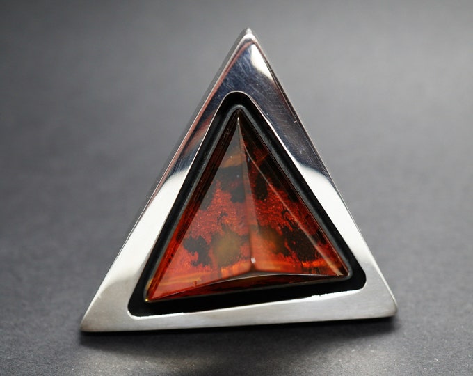 25,7g E. Salwierz  Baltic Amber Ring, Large Ring, Artistic Jewellery, Cognac Amber Ring, Triangle, Triangular Ring