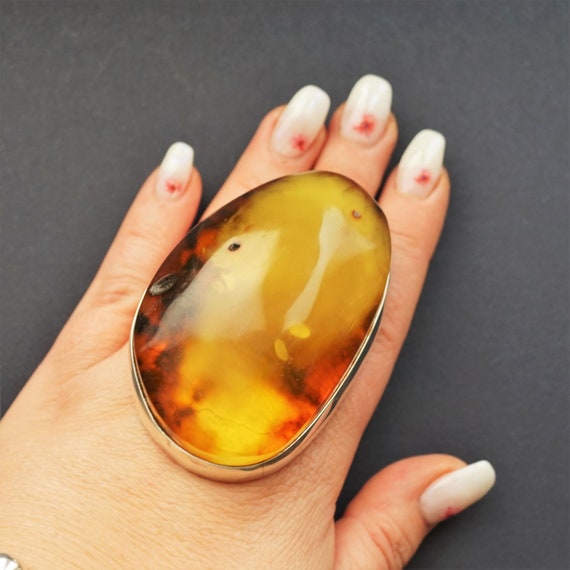 107,9g Massive Unique Baltic Amber Ring,Natural Baltic Amber Ring, Yellow Amber,Milky Amber Ring