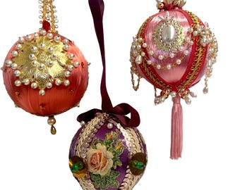 Vintage Beaded Ornaments, Handmade, Victorian Ornaments, Vintage Sequin Ornaments, Pearl Ornaments, Set of 3