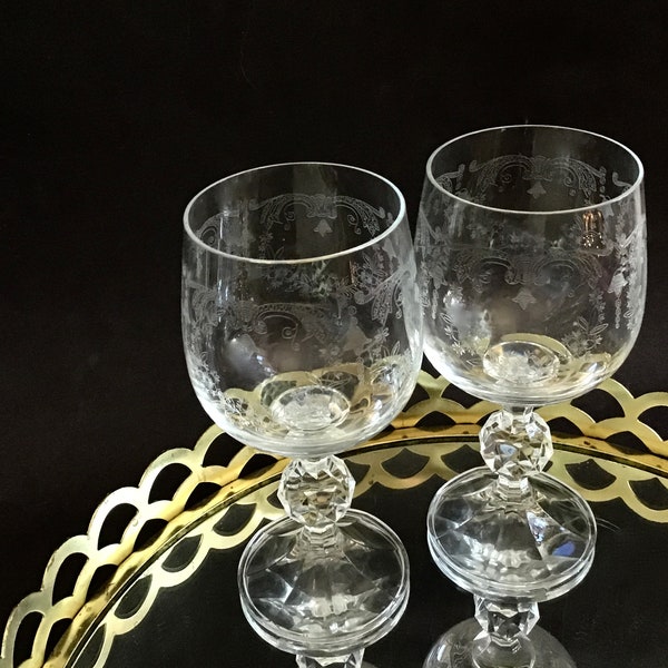 Vintage Bohemia Crystal,  Cascade Bell Etched Crystal Wine Glasses,  Czech Crystal, Ball Stem,  Etched Glasses,  Wine Glasses - Set of 2