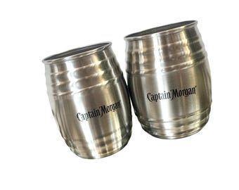 Vintage Captain Morgan Shot Glasses: Aluminum Barrel, Set of 2