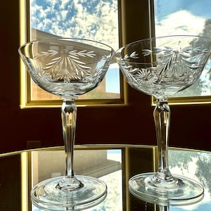Vintage Coupe Glasses, Champagne Glasses, Etched Coupe Wine Glasses, 1960s Art Deco Mid Century Glasses, Flowers, Dots, Beautiful