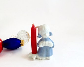 Vintage Angel - Blue Ceramic Christmas Angel and Christmas Candle, Japan Angel Figurine, Angel Candle Holder - Sweet Christmas Angel