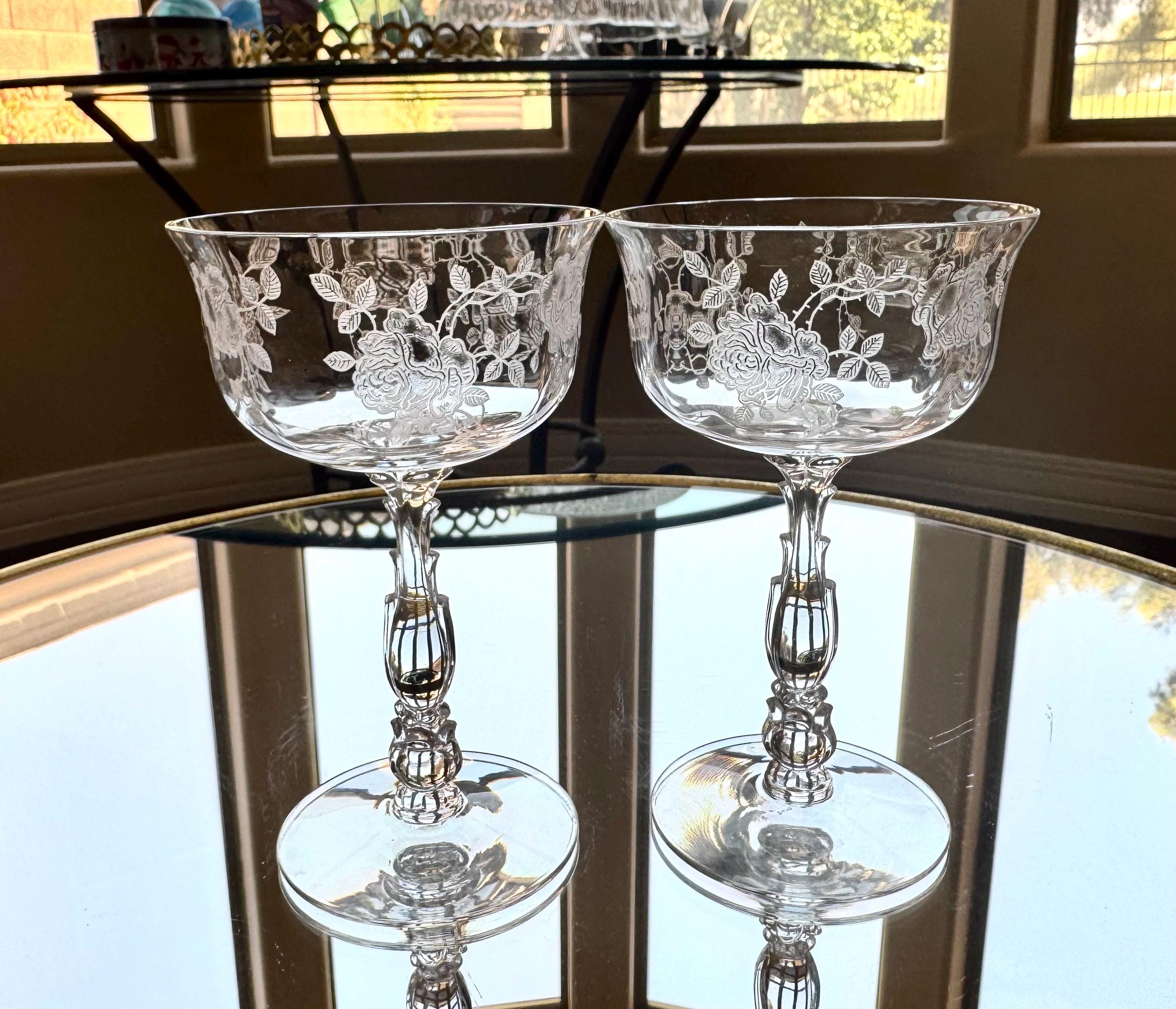 Vintage Fostoria Champagne Coupe Glasses: Etched Floral Art Deco Toasting Set