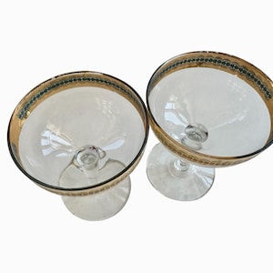 Vintage Champagne Coupe Glasses - Gold Trim Champagne Glasses - Art Deco Gold Band with Turquoise Inside, Antique Cocktail Glasses