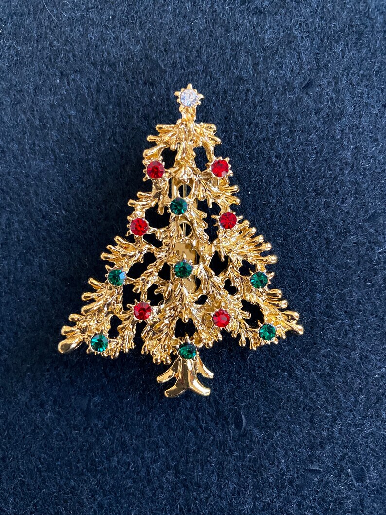 Goldtone Christmas Tree Christmas Brooch Ruby Emerald Chrystal Rhinestones Christmas Pin Vintage Christmas Tree Pin