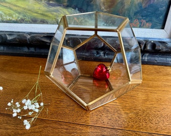 Vintage Glass Display Box, Brass and Glass Terrarium, Geometric Centerpiece