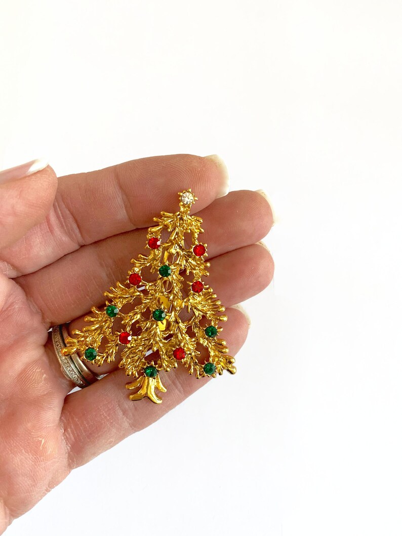 Goldtone Christmas Tree Christmas Brooch Ruby Emerald Chrystal Rhinestones Christmas Pin Vintage Christmas Tree Pin