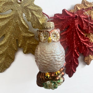 Vintage Glass Owl Ornament, Fall Ornament, Christmas Decor with Glitter Fall Leaves