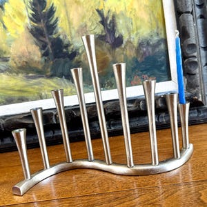 Vintage Mid Century Modern Silver Menorah, Judaica Tradition 9 Branches, Unique Aluminum Menorah