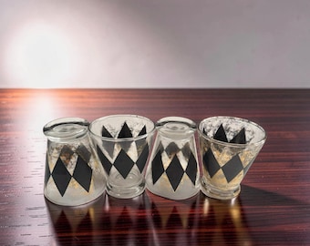 Vintage Culver Style Cocktail Glasses, Gold and Black Harlequin Low Ball Double Mad Men Style