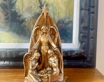 Pesebre vintage, Natividad, Estantería de ángel dorado, Decoración navideña vintage, Niño Jesús, Pesebre de ángel
