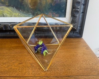 Vintage Glass Display Box, Glass and Brass Display Box, Glass Terrarium, Geometric Terrarium