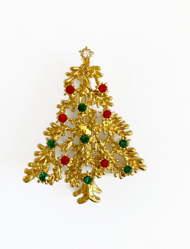 Goldtone Christmas Tree Christmas Brooch Ruby Emerald Chrystal Rhinestones Christmas Pin Vintage Christmas Tree Pin