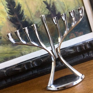 Vintage Mid Century Modern Silver Menorah, Judaica Tradition 9 Branches, Aluminum Menorah