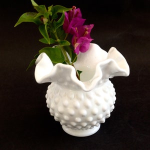 Vintage Fenton Milk Glass Hobnail Vase - Double Crimped Edge