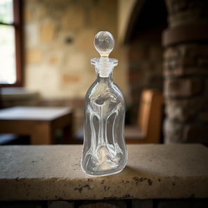 May include: A clear glass decanter with a round stopper. The decanter has a unique, curved shape with interior design elements. The stopper is also clear and round. The decanter is sitting on a stone surface.