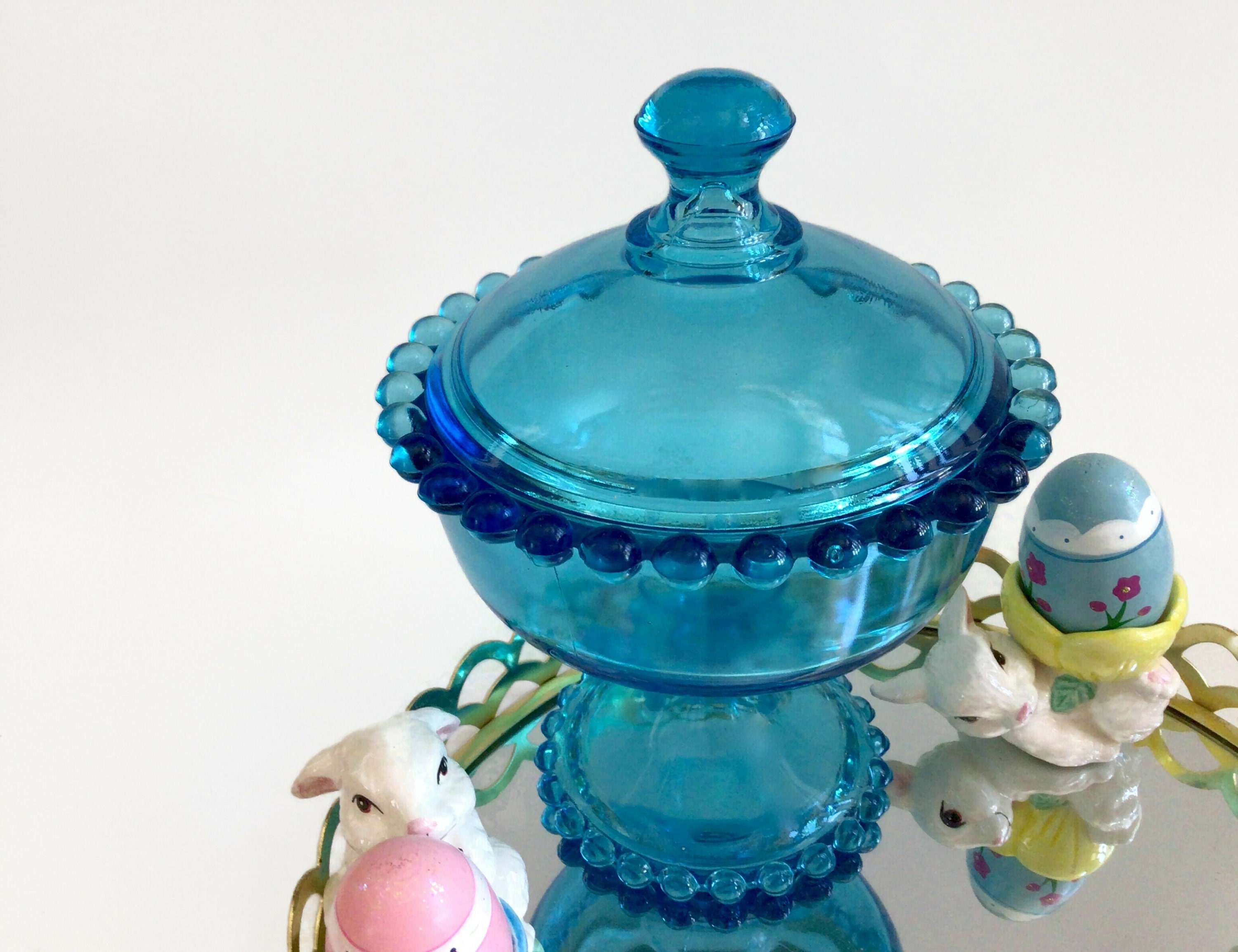 Vintage Blue Glass Compote with Lid Circus Tent Lid Hobnail Etsy