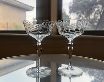Vintage Champagne Coupe Glasses, Etched Art Deco Flowers, Dots and Swags