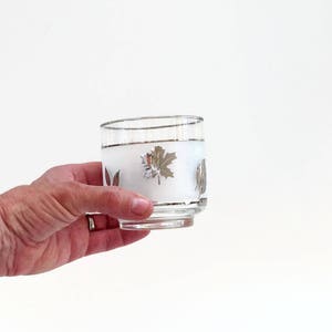 Puede incluir: Un vaso de vidrio transparente con una banda blanca helada y un dise&ntilde;o de hojas plateadas. El vaso tiene un fondo redondeado y lados rectos.