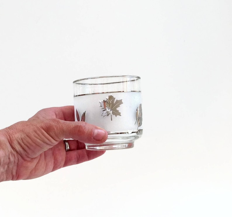 Puede incluir: Un vaso de vidrio transparente con una banda blanca helada y un dise&ntilde;o de hojas plateadas. El vaso tiene un fondo redondeado y lados rectos.