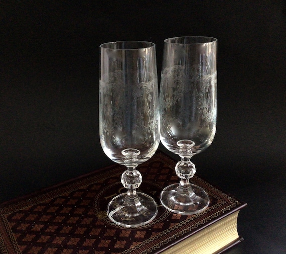 Bohemia Crystal Stem Wine Glasses Czechoslovakia Cascade Etched