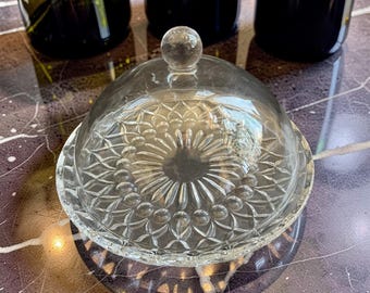 Vintage Glass Cake Plate and Cover, Covered Cupcake Stand, Cheese Tray, Small Display Stand