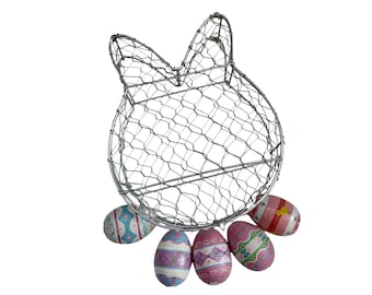 Vintage French Wire Bunny Easter Basket and Wooden Eggs, Easter Gift, Decor