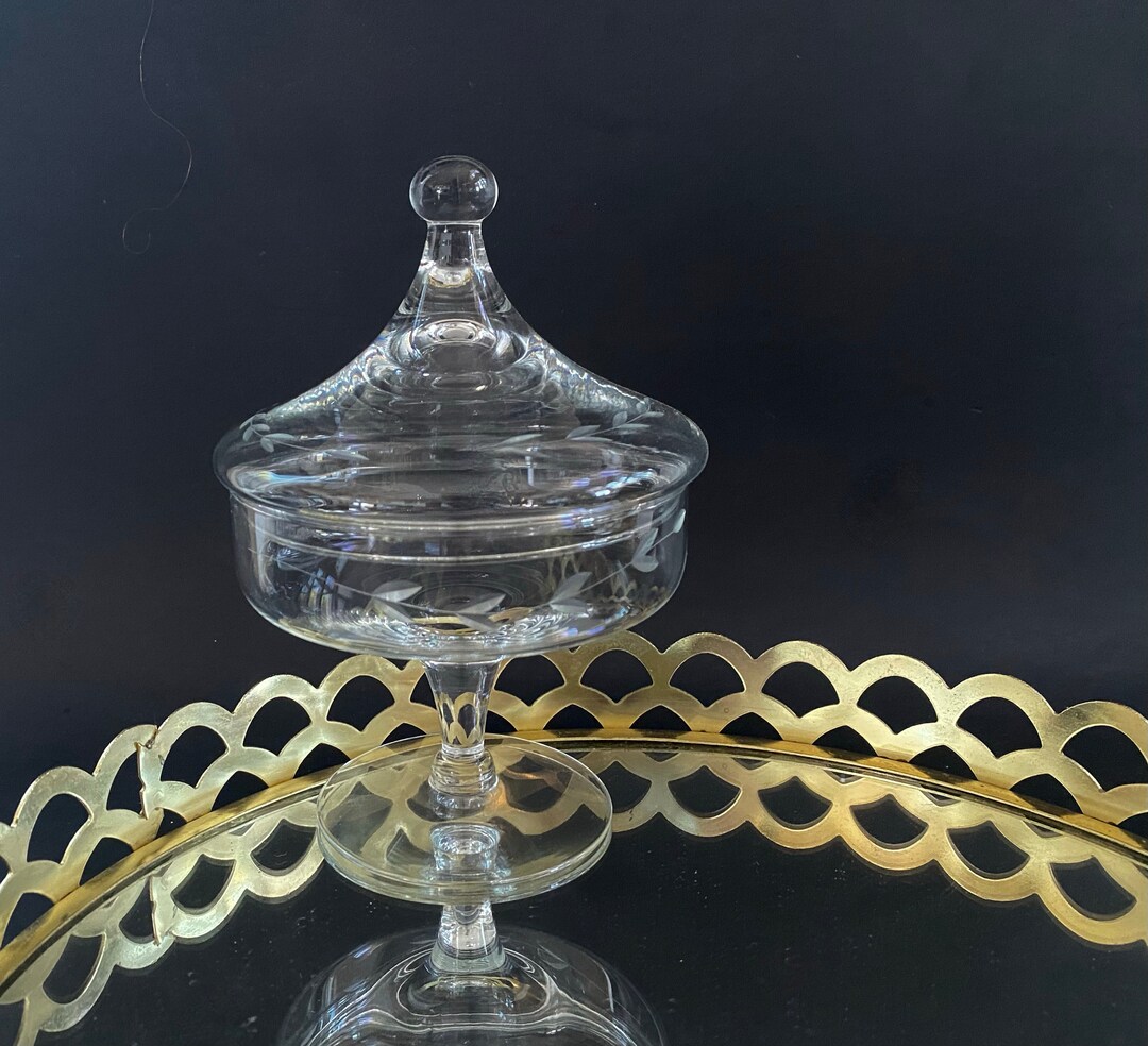 Vintage Glass Apothecary Jar, Etched Glass Display Jar, Circus Tent Lid