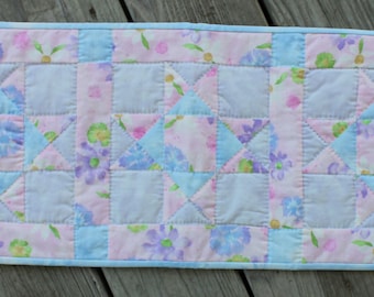 Pastel Blue, Lavender & Pink Table Runner / Table Topper / Hand Quilted Table Runner